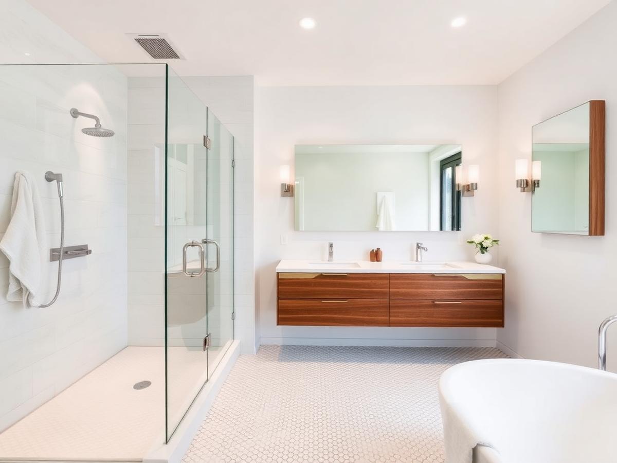Bathroom remodel with walk-in glass shower and floating vanity