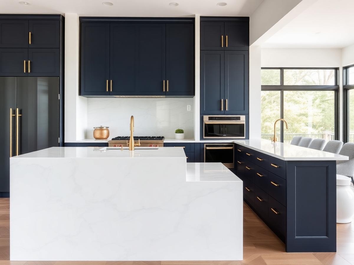 Modern kitchen remodel with navy cabinets and quartz island